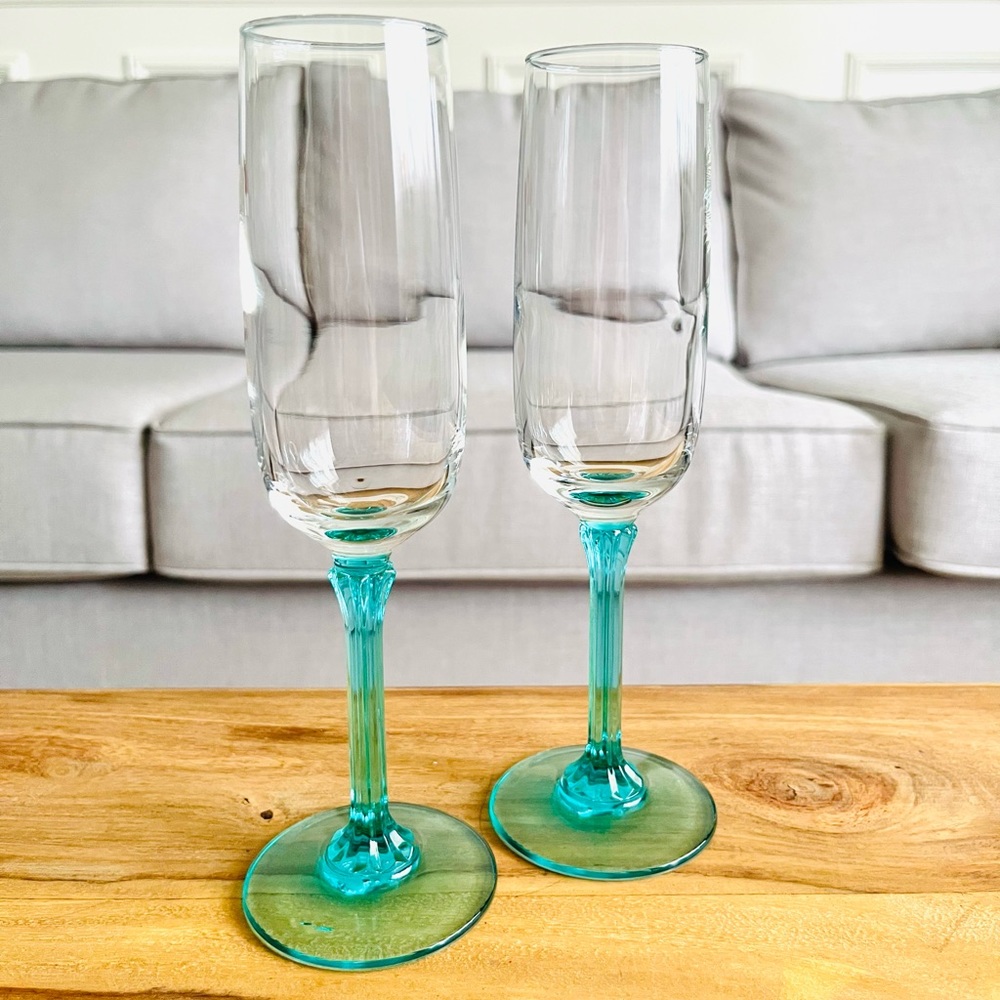 3 vintage  teal stem champagne flutes
